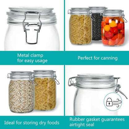 4 Pack Wide Mouth Mason Jars - 34 OZ Airtight Glass Canning Jars with Leak Proof Rubber Gasket and Clip Top Lids, Perfect for Storing Coffee, Sugar, Flour or Sweets