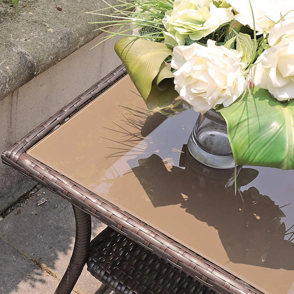 Outdoor End Table Rattan Square Glass Top, Aluminum Frame, Espresso Brown
