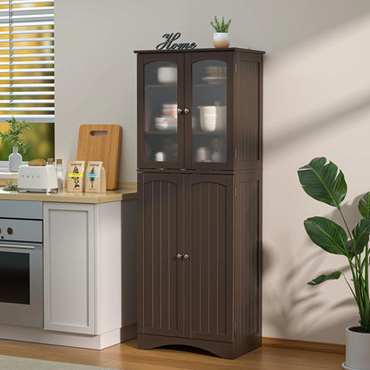 Kitchen Cabinet, Lofka 64" Kitchen Pantry Storage Cabinet with Frosted Glass Doors and 14 Shelves, Dark Brown