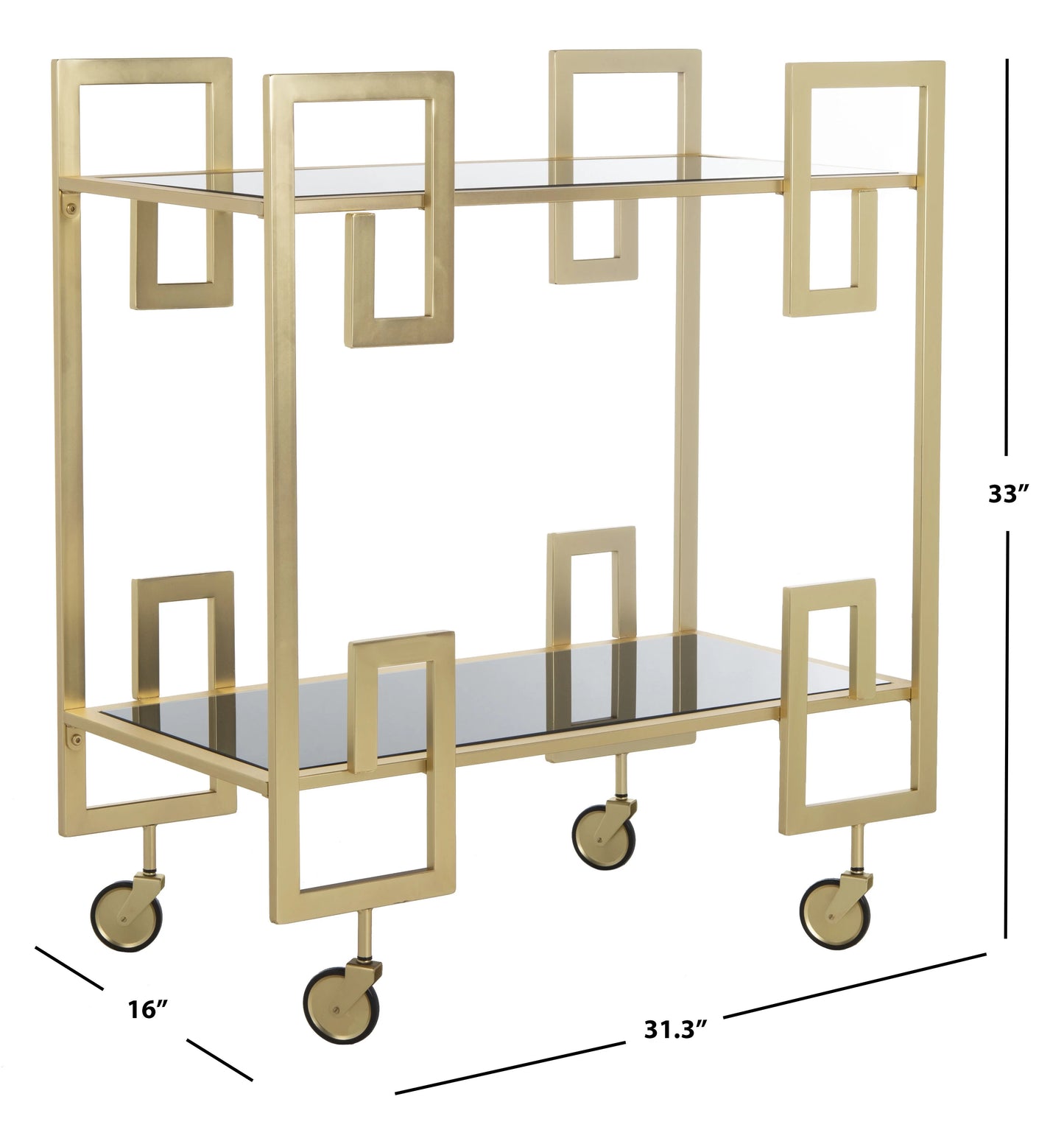 SAFAVIEH Eliza 2 Tier Modern Glam Rectangle Bar Cart with Casters, Brass/Black Glass