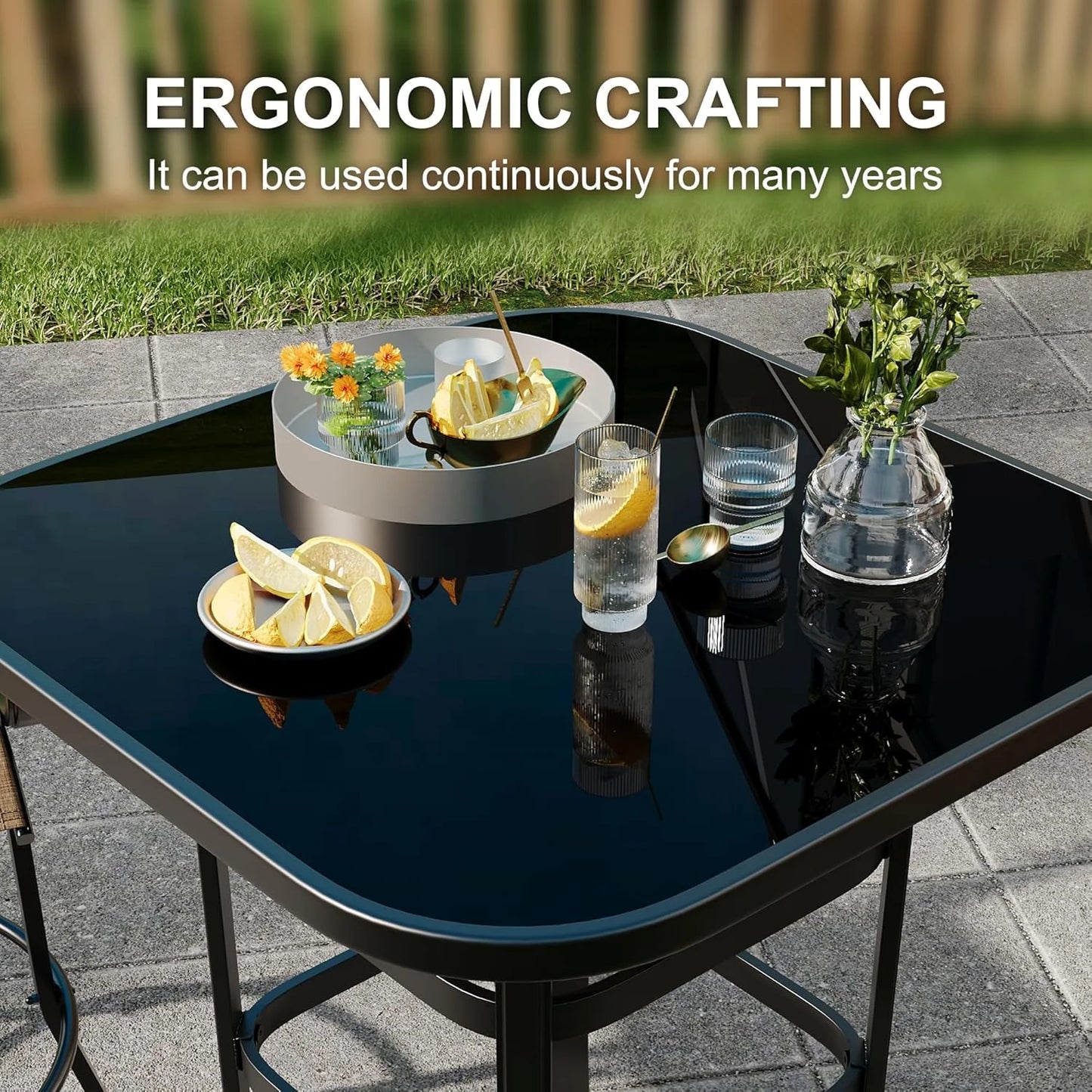 Homhougo 3 Piece Patio Swivel Bar Sets, 3PCS Outdoor High Top Bar Set with 2 Outdoor Swivel Chairs and Glass Bar Table, Patio High Top Bar Table and Stools Chairs Set All Weather Textile Fabric