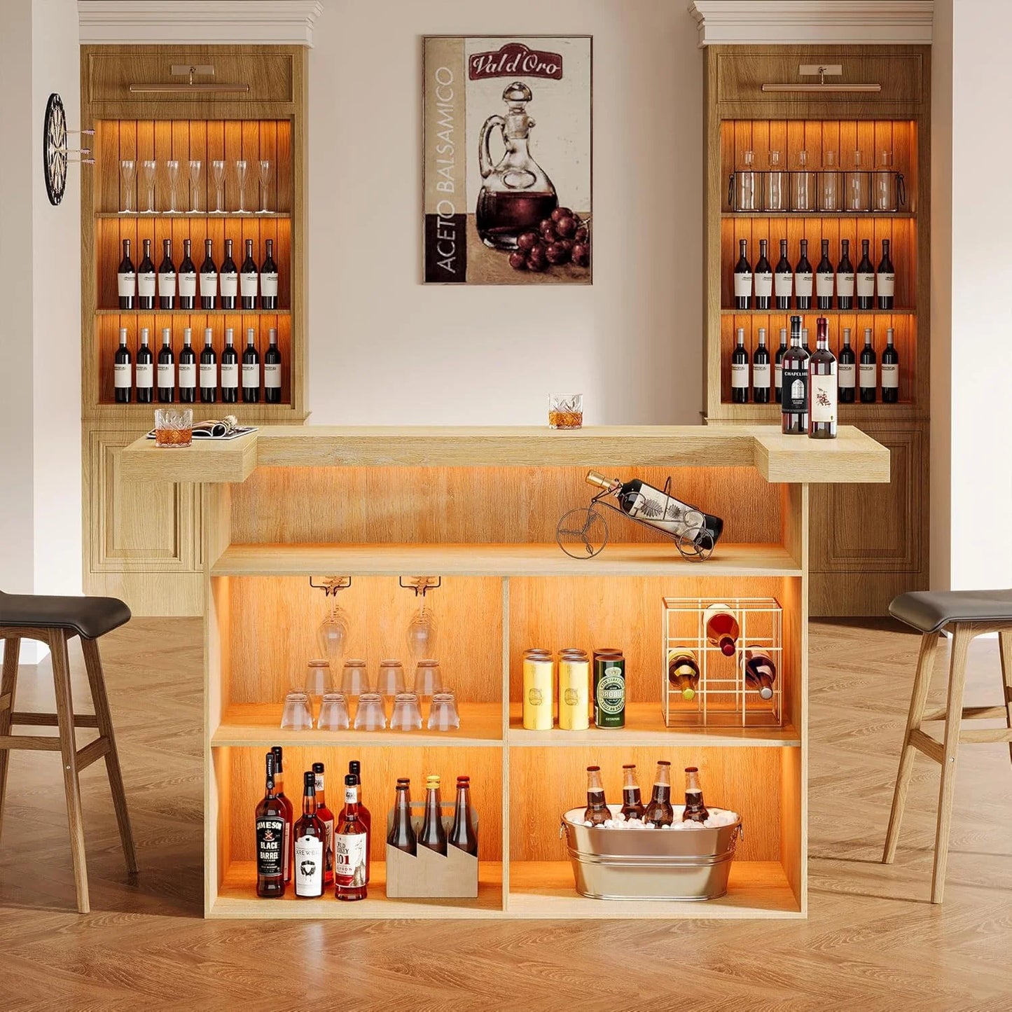 4-Tier Bar Table, 70.9-Inch Large Modern Home Bar Cabinet with Wine Glass Holder and Black Footrest