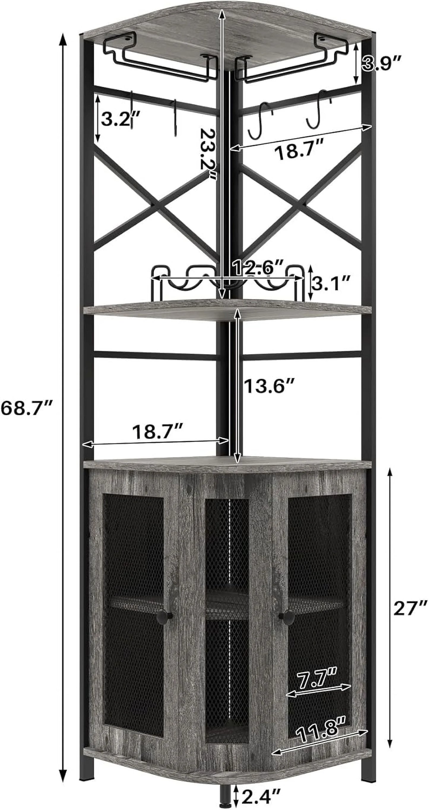 Frmobepts 6 Tier Corner Bar Cabinet with Glass Holder, Storage Cabinet with Door and Shelves , Corner Shelf with Wine Rack Display Shelves,Grey