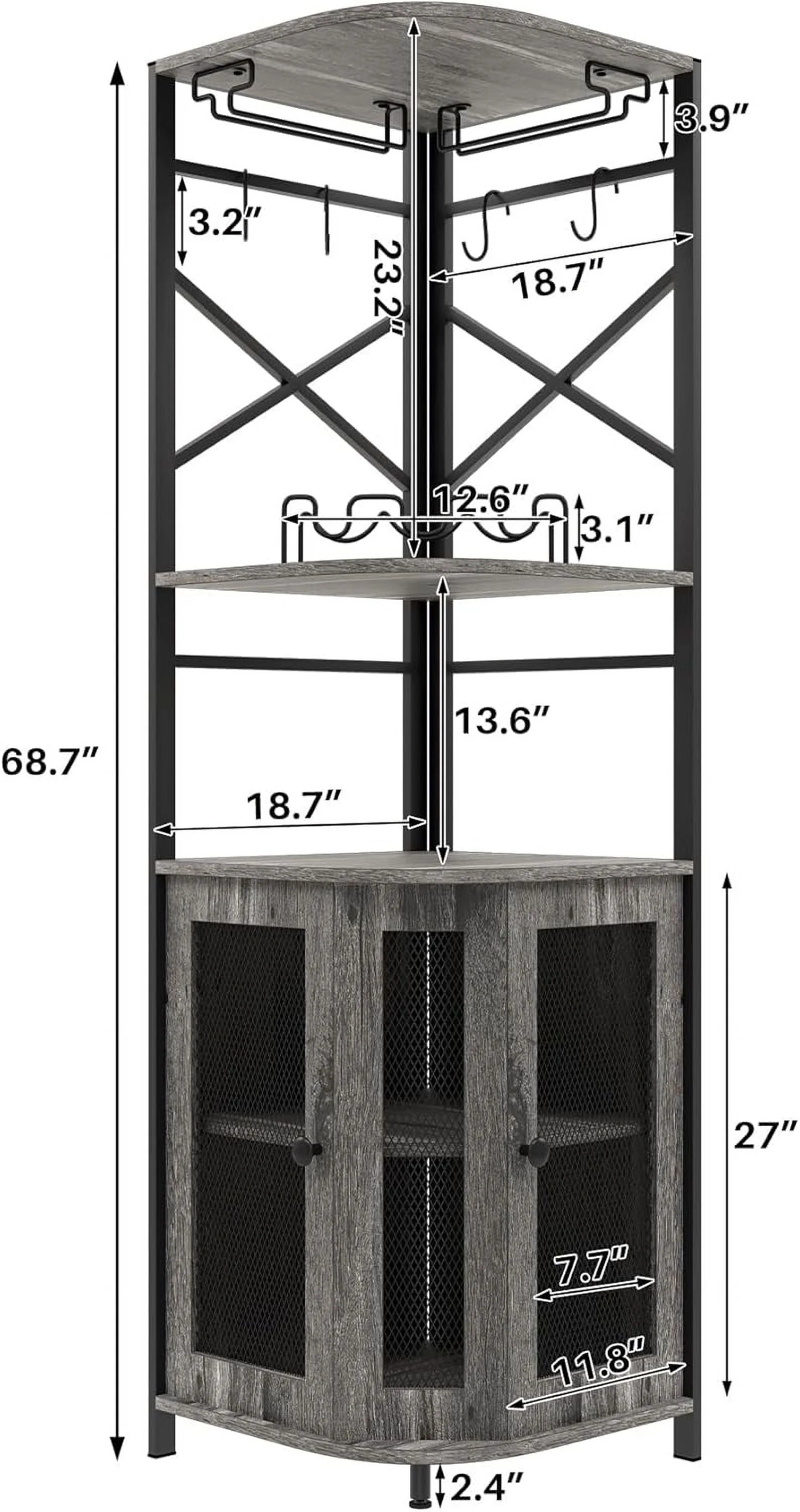 Frmobepts 6 Tier Corner Bar Cabinet with Glass Holder, Storage Cabinet with Door and Shelves , Corner Shelf with Wine Rack Display Shelves,Grey