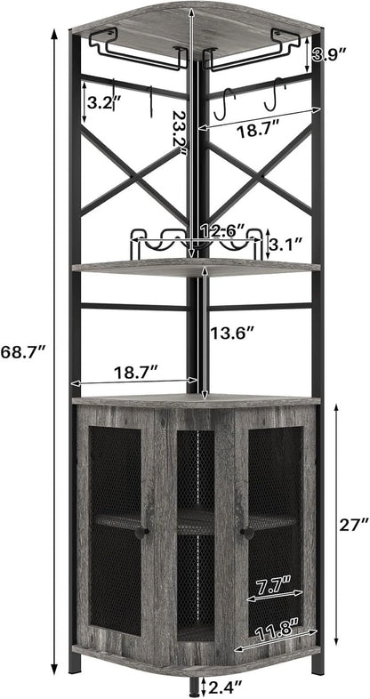 Frmobepts 6 Tier Corner Bar Cabinet with Glass Holder, Storage Cabinet with Door and Shelves , Corner Shelf with Wine Rack Display Shelves,Grey