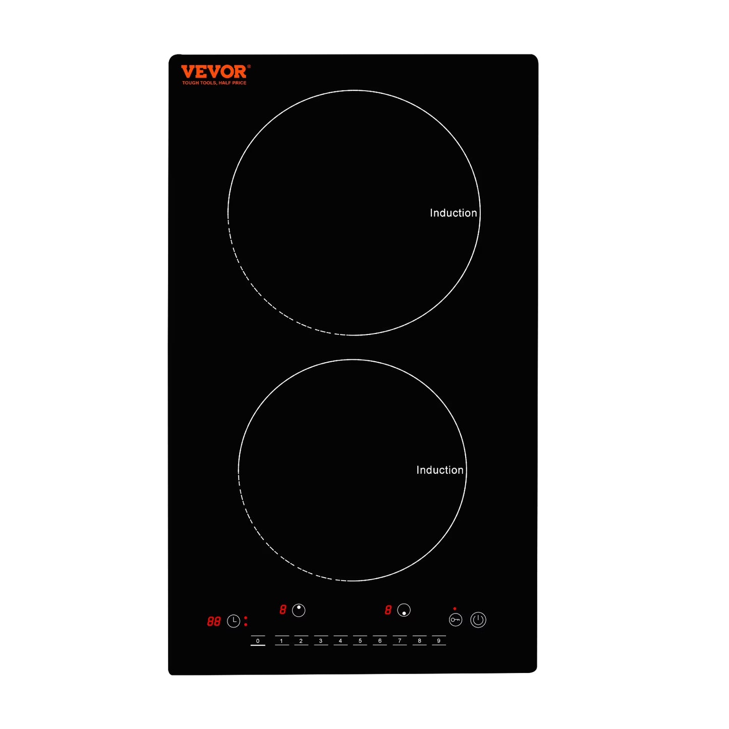 KFFKFF 12" Electric Cooktop, 1800W 2 Burners Ceramic Glass Stove Top Touch Control Built-in Magnetic Cooktop w/9 Heating Level Child Lock & Over-Temperature Protection