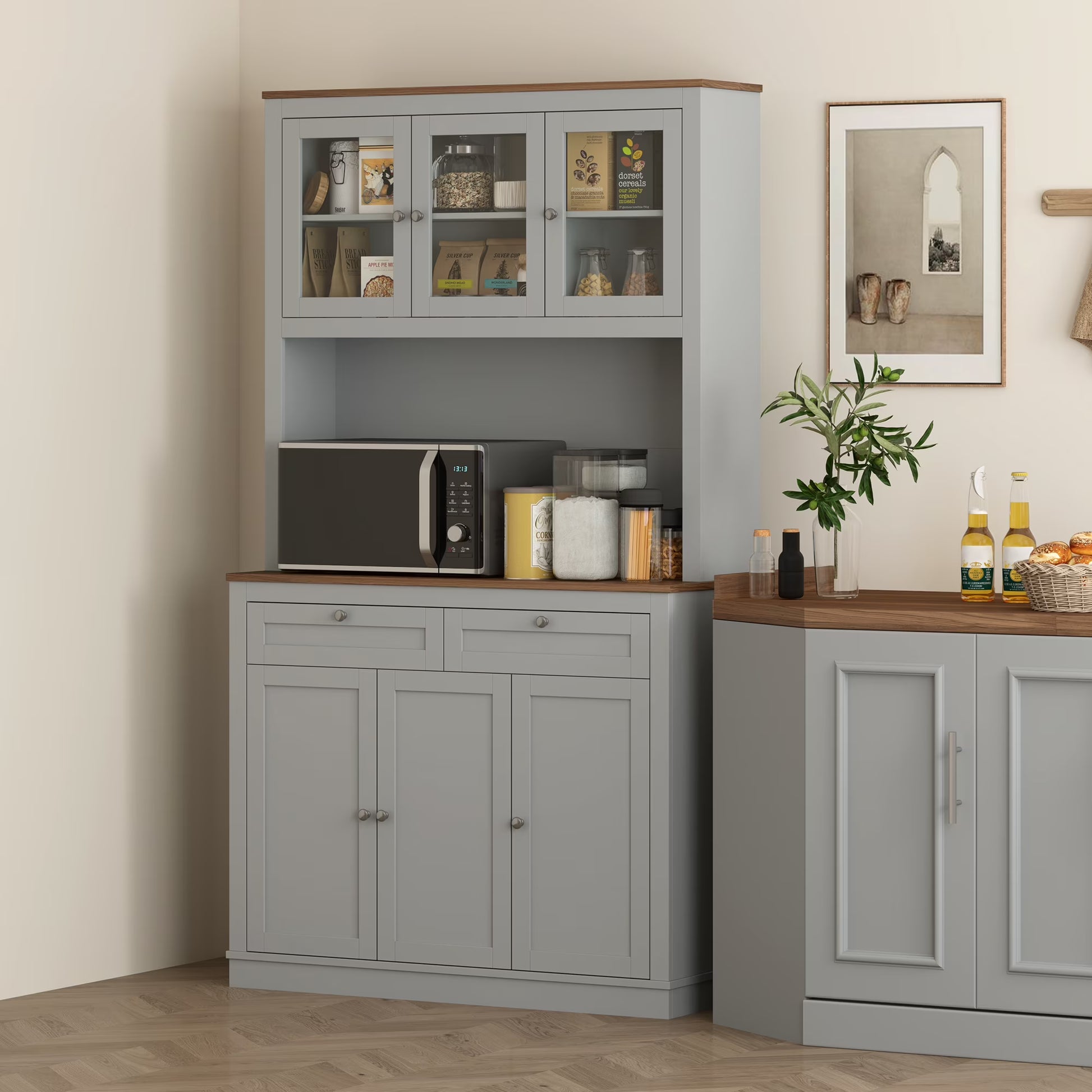 HOMCOM 71" Tall Kitchen Pantry Storage Cabinet with 2 Drawers, Microwave Cabinet with Adjustable Shelves and Glass Doors, Gray