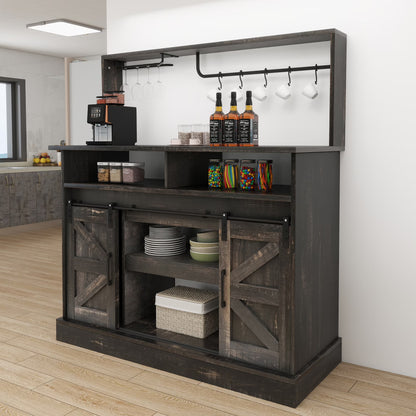 Uforic 47" Farmhouse Coffee Bar Cabinet, Buffet Sideboard with Power Outlets, Wine Glass Rack, Black Oak