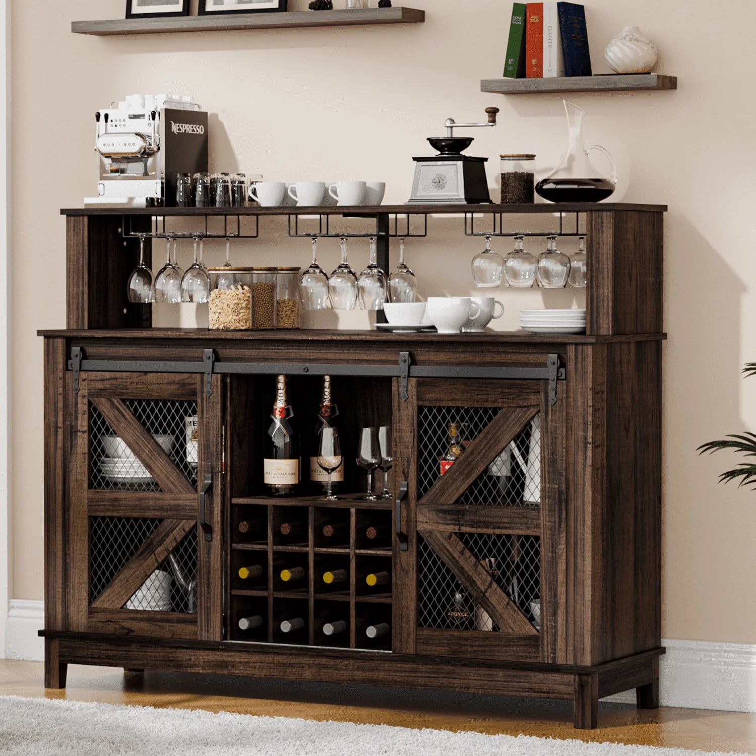 Waleaf Farmhouse Coffee Bar Cabinet with LED Lights, 55" Wine Bar Buffet Cabinet w/Sliding Barn Door & Wine and Glass Rack for Dining Room