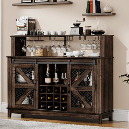 Waleaf Farmhouse Coffee Bar Cabinet with LED Lights, 55" Wine Bar Buffet Cabinet w/Sliding Barn Door & Wine and Glass Rack for Dining Room