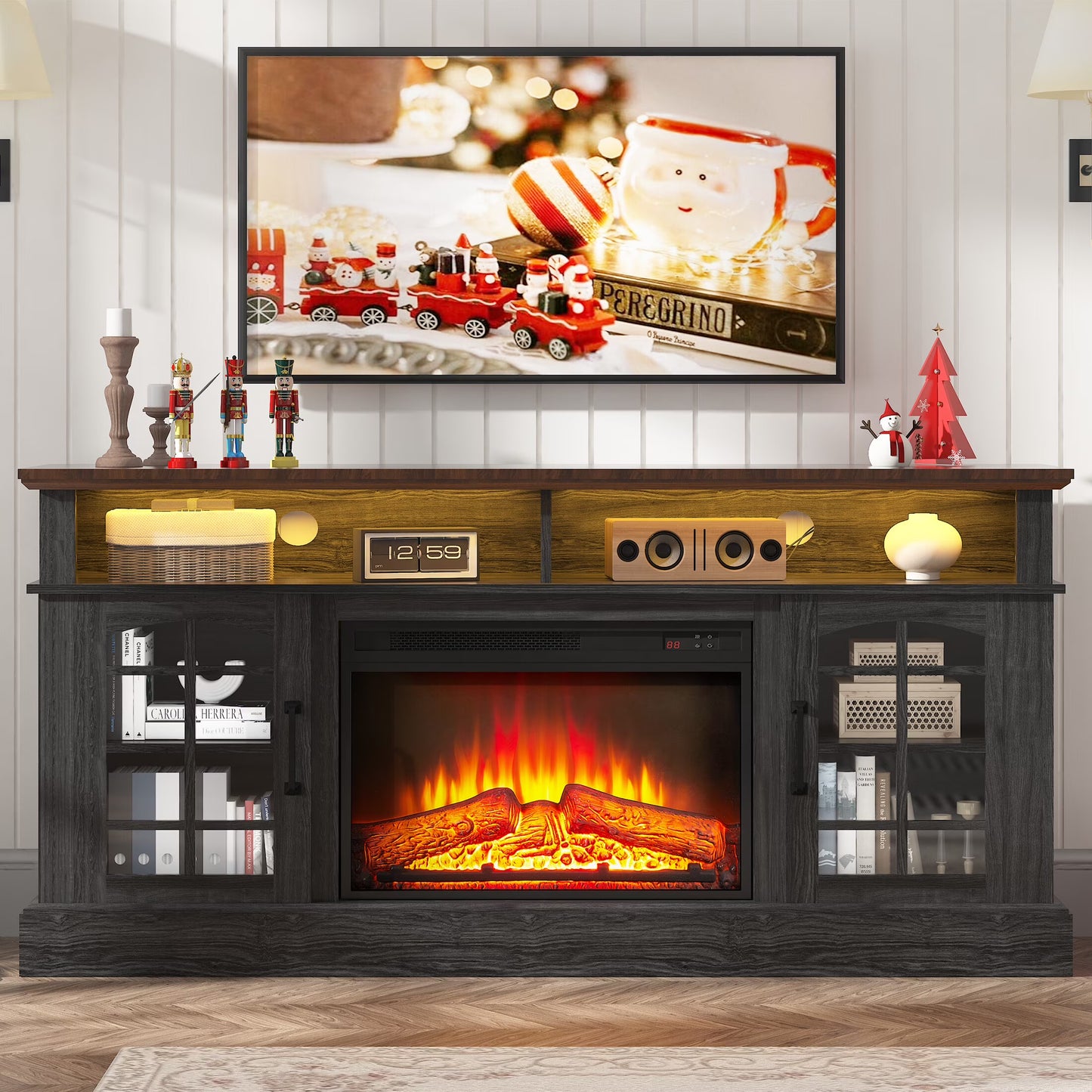 SYNGAR Fireplace Electric TV Stand for 65" TV with LED Light, Modern Entertainment Center With Remote Control Virtual Flame Fireplace, 2 Cabinet Storage, Glass Door, Storage Shelves, Brown