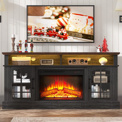 SYNGAR Fireplace Electric TV Stand for 65" TV with LED Light, Modern Entertainment Center With Remote Control Virtual Flame Fireplace, 2 Cabinet Storage, Glass Door, Storage Shelves, Brown