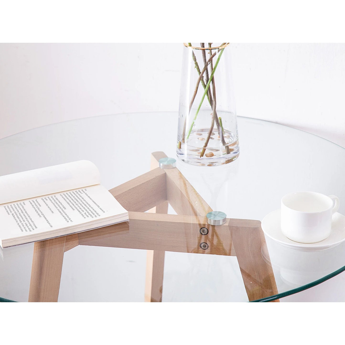 Ivinta Modern Round Glass Home Kitchen Small Dining Table Brown Oak Legs 31.5 inch
