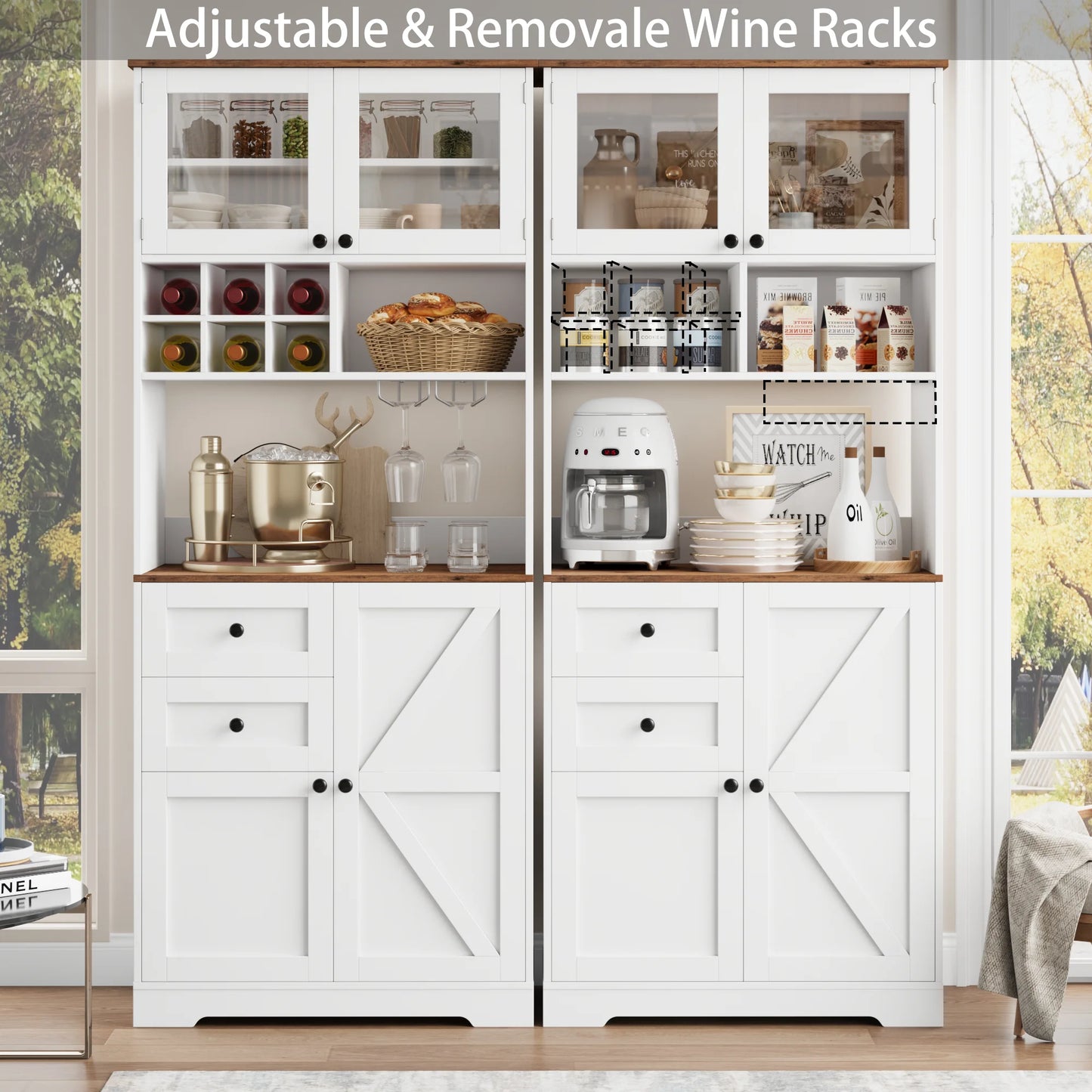 Homfa 75.2'' Kitchen Pantry Storage Cabinet with Wine Rack & Adjustable Shelf, 2 Drawer Modern Farmhouse Buffet with Glass Door for Dining Room Living Room, Black