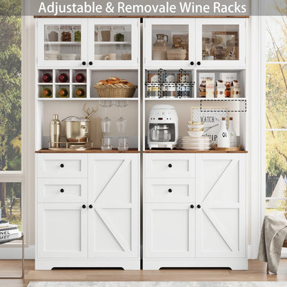 Homfa 75.2'' Kitchen Pantry Storage Cabinet with Wine Rack & Adjustable Shelf, 2 Drawer Modern Farmhouse Buffet with Glass Door for Dining Room Living Room, Black