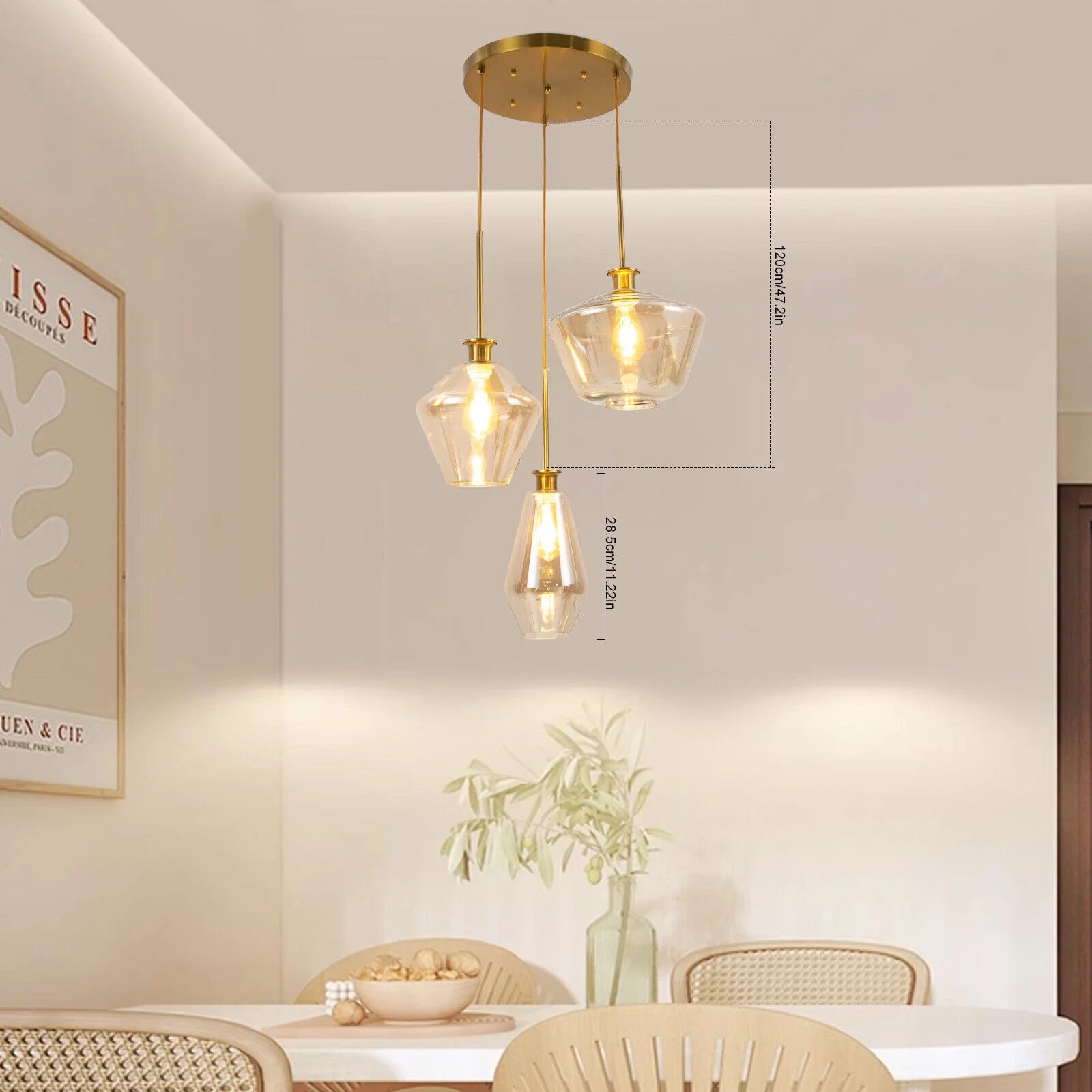 Champagne Gold Glass Chandelier 3 Heads Hanging Pendant Light Ceiling Fixtures