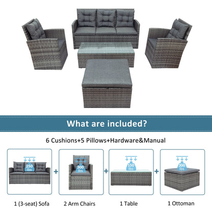 Highsound Patio Furniture Set Sofa 5-Piece Wicker PE Rattan Sectional Sofa Set, Outdoor Furniture Patio Conversation Sofa Set with Glass Coffee Table and Ottoman, Gray
