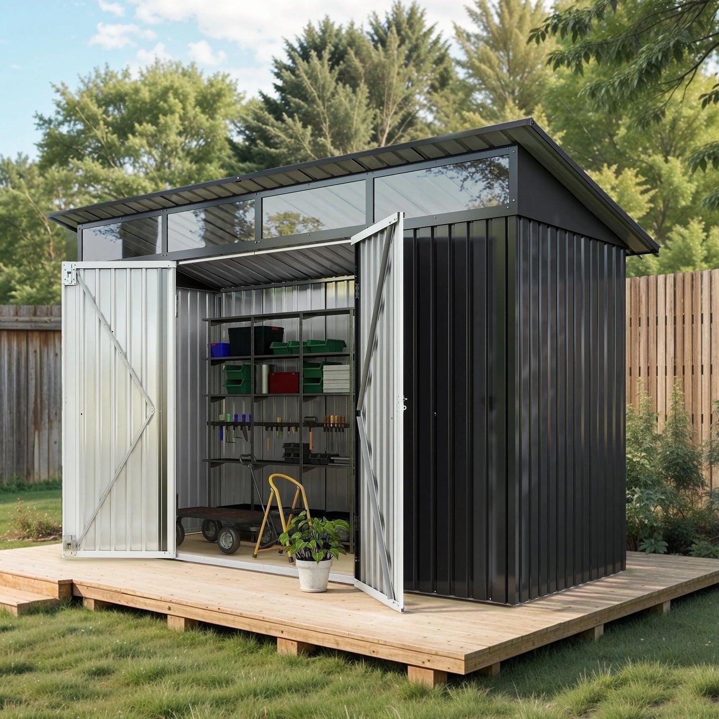 ModFusion 9x4 ft Outdoor Metal Storage Shed with Lockable Double Doors, Acrylic Glass Windows, Steel Roof, Garden Patio Bikes, Skylight, Dark Gray
