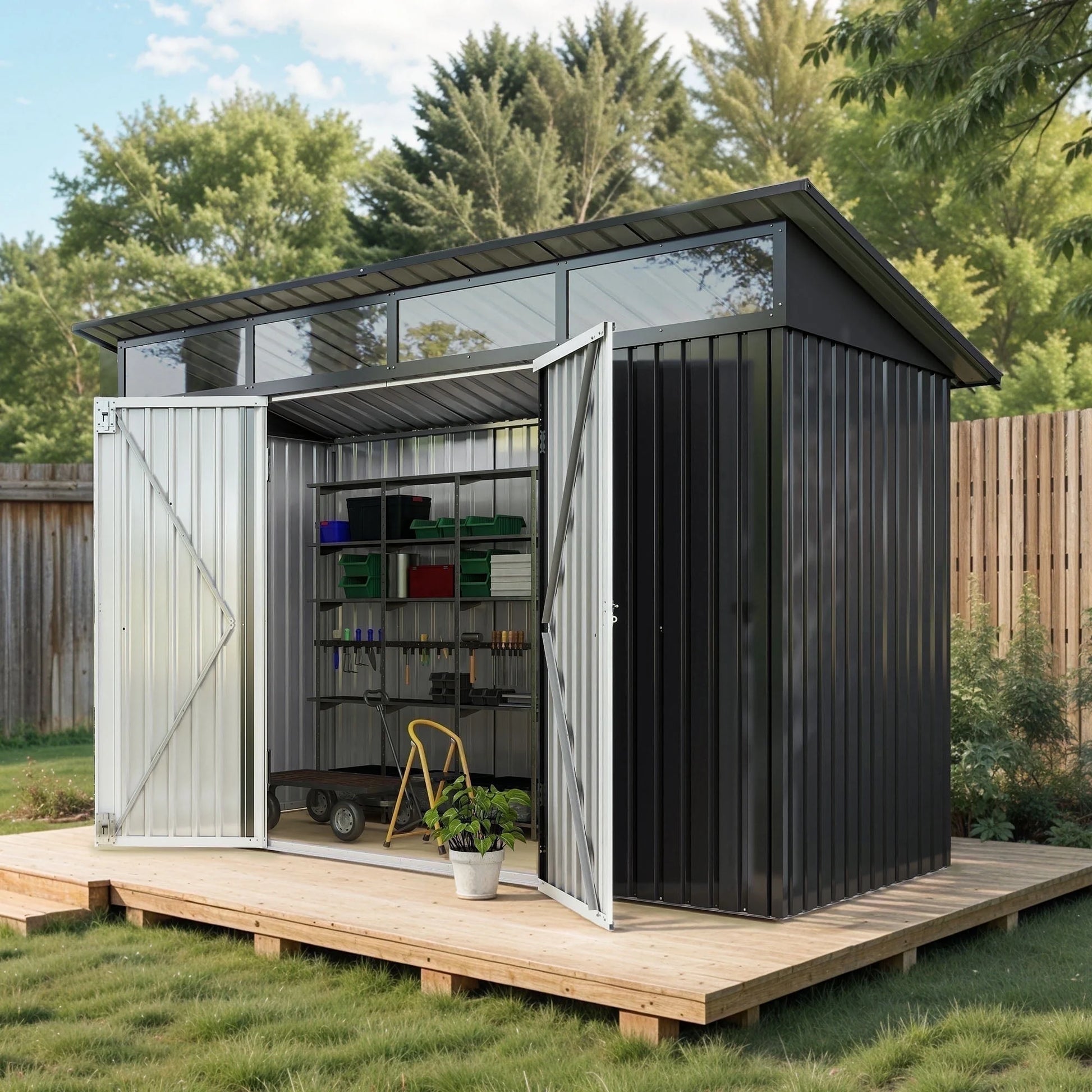 ModFusion 9x4 ft Outdoor Metal Storage Shed with Lockable Double Doors, Acrylic Glass Windows, Steel Roof, Garden Patio Bikes, Skylight, Dark Gray
