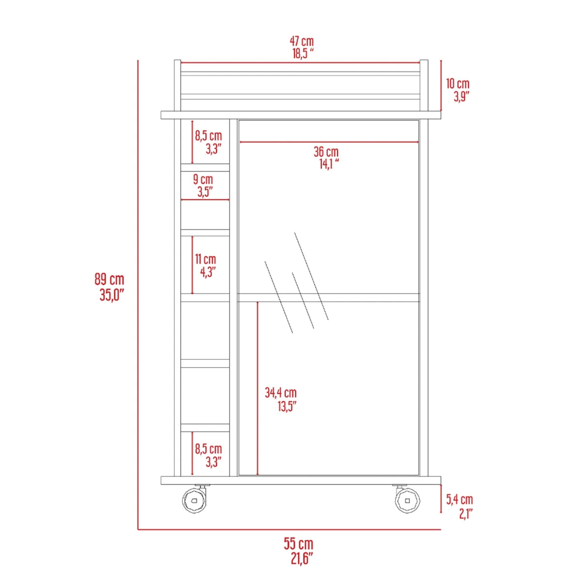 32" H carbon espresso bar-coffee cart, Kitchen or living room cabinet storage with with 4 wheels, with 6 bottle racks, a central shelf covered by 1 glass door, 1 support surface with aluminum front.