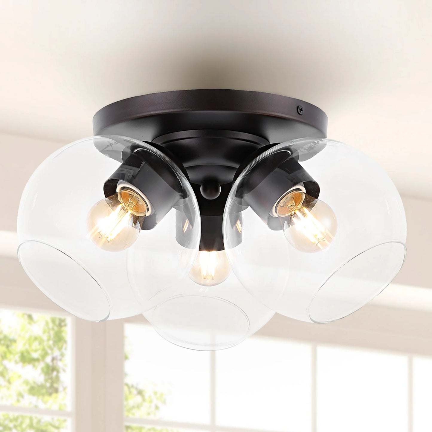 JONATHAN Y Iris 11.5" 3-Light Farmhouse Rustic Iron/Glass LED Semi Flush Mount, Oil Rubbed Bronze/Clear