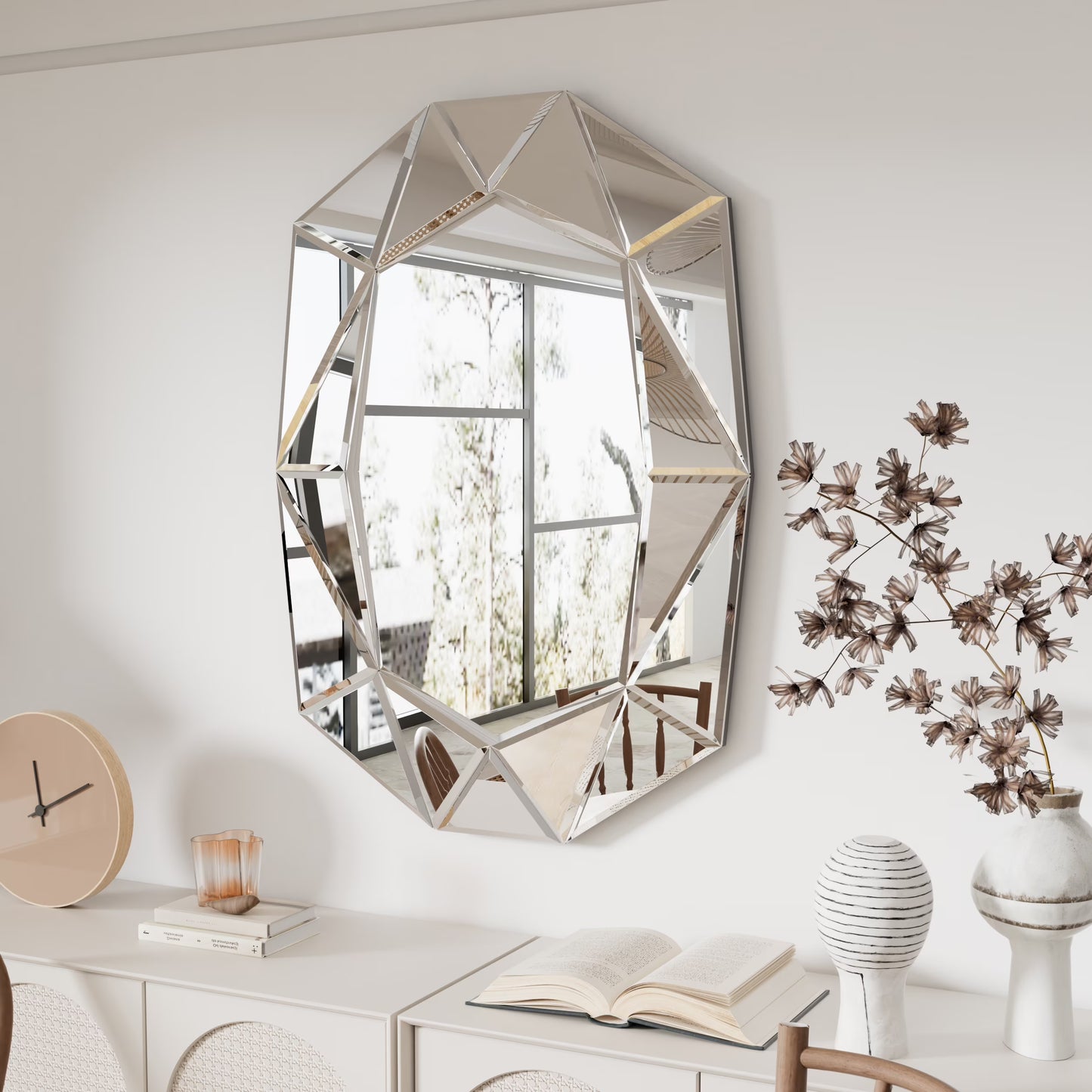 LUVODI Geometric Mirror Wall 28 x 39 inch Art Mirror Green 3D Glass Beveled for Bathroom Living Room