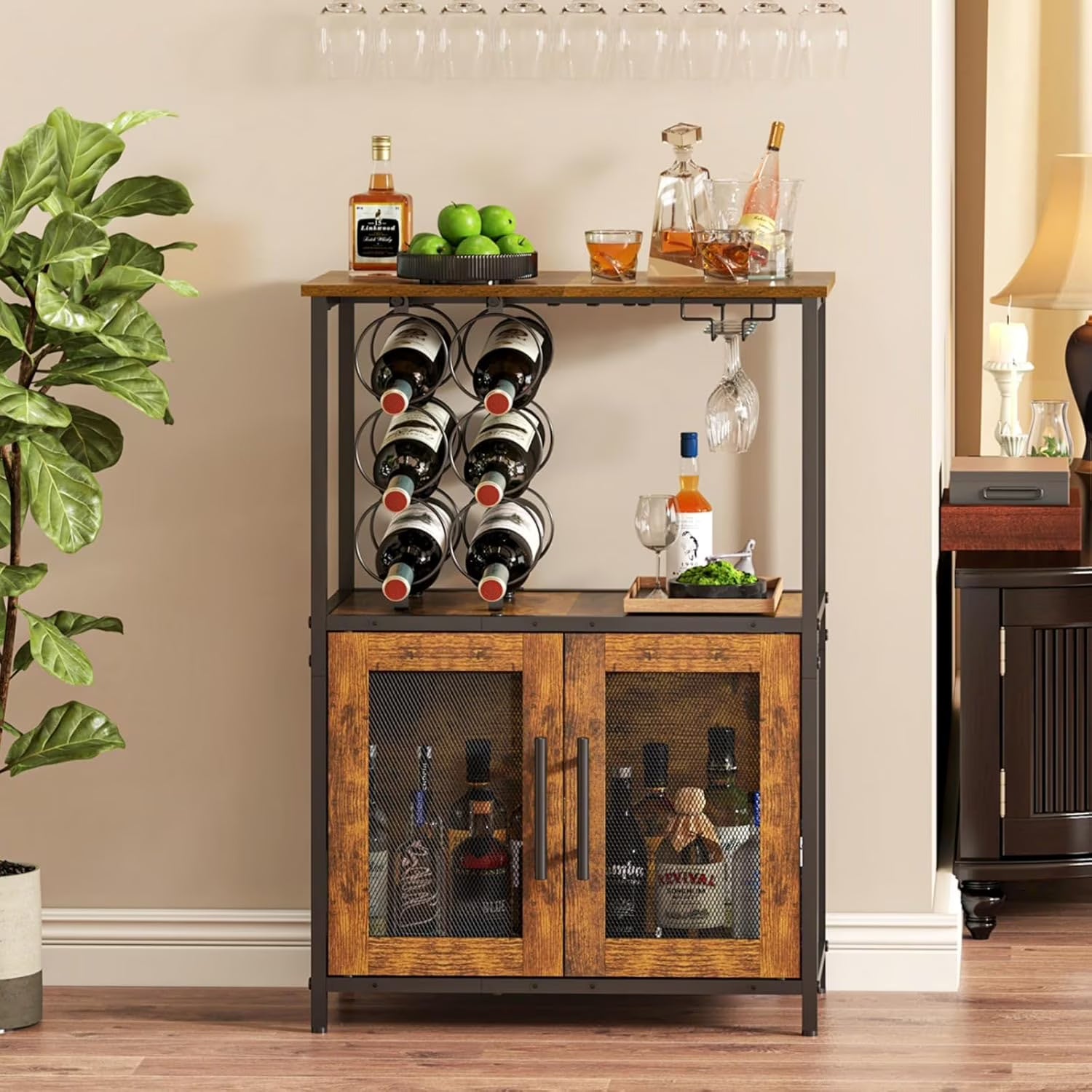 Bar Cabinet with Detachable Wine Rack, Liquor Stand for Home Bar, Mini Table with Glass Holder, Small Sideboard with Mesh Door, Storage Cabinet for Wine, Whiskey, Rustic Brown