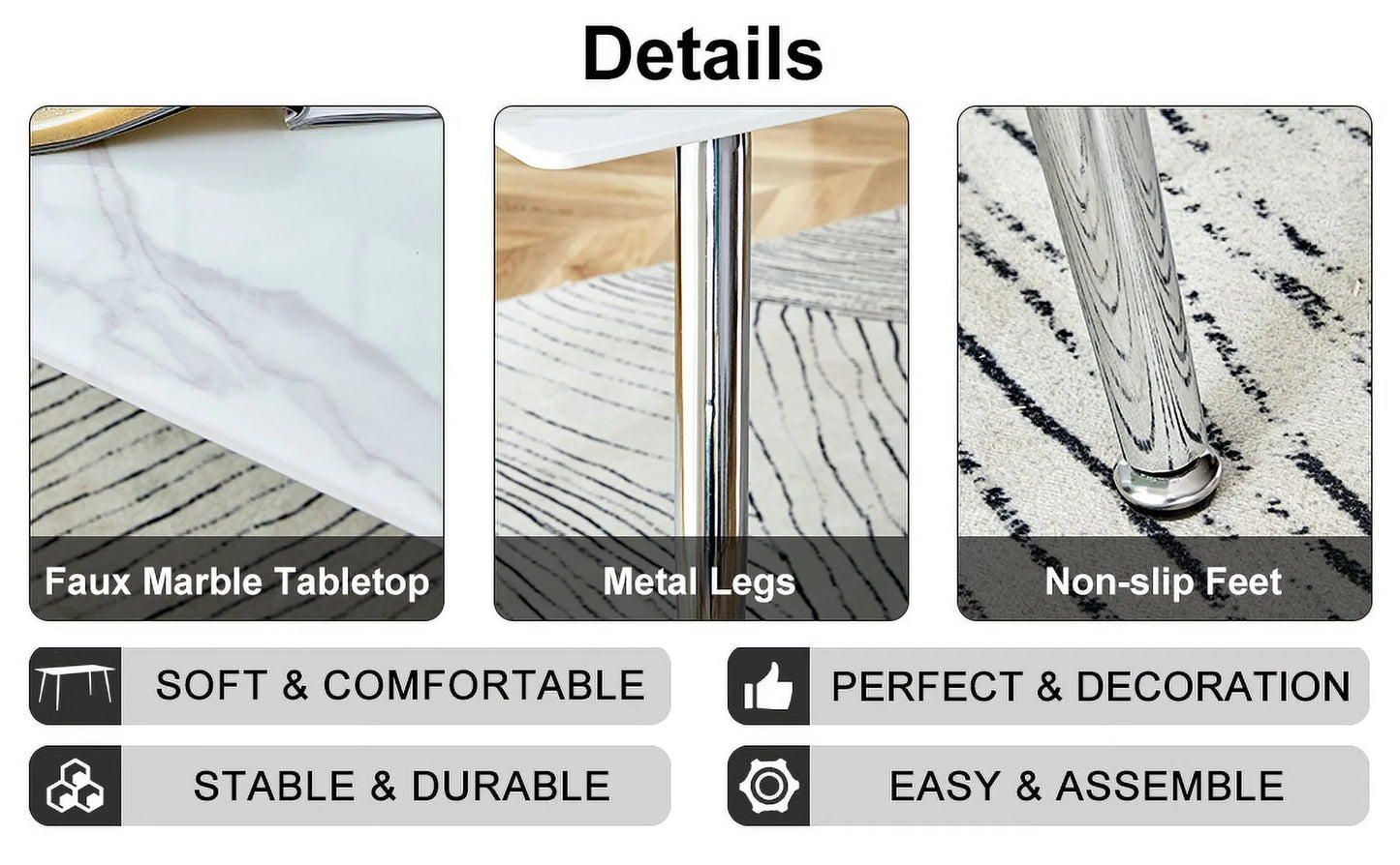 PWOPWOE Modern Minimalist Rectangular Glass Dining Table with 0.4 "White Imitation Marble Glass Sticker Desktop And Silver Metal Legs, suitable for Kitchens, Restaurants, And Living Rooms63"*35.4"*30"