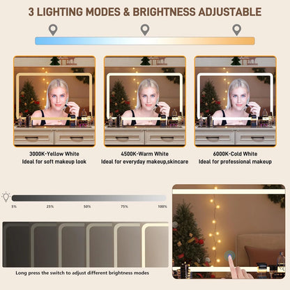 ChVans 62'' Large Vanity Desk with Tempered Glass Top & Charging Station, Farmhouse Makeup Vanity with 8 Storage Drawers & 2 LED Glass Storage Cabinets & 3 Lights Mode LED Mirror for Women Gift