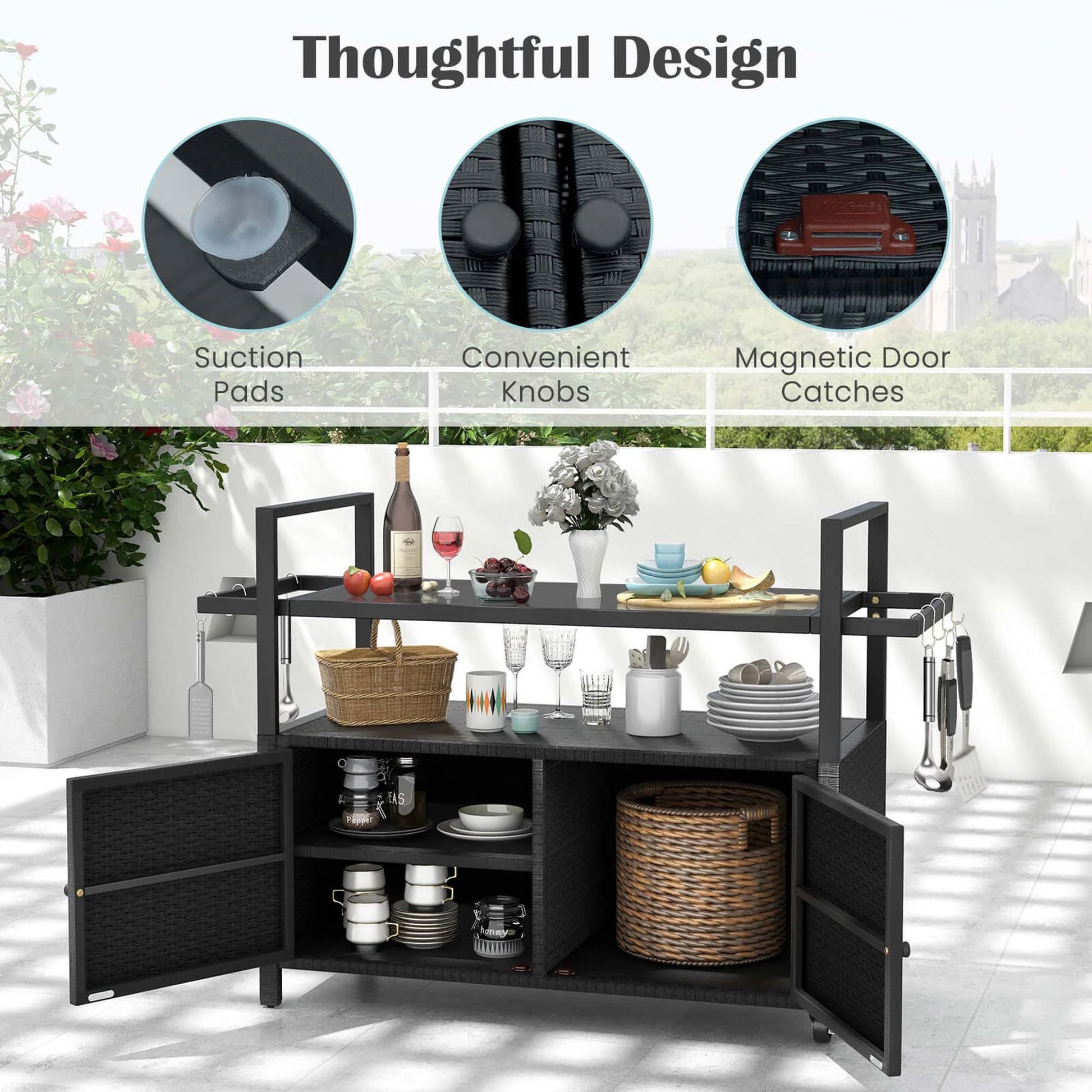 Costway Outdoor Bar Cart with Tempered Glass Top Storage Cabinet & 8 Hooks for Porch