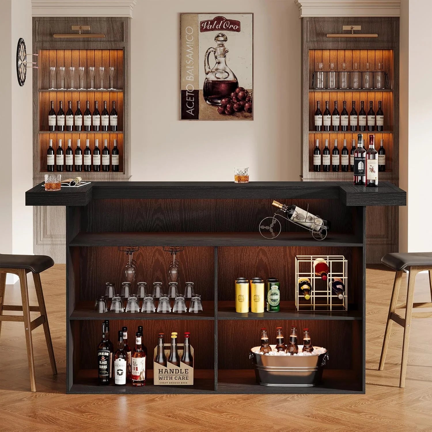 4-Tier Bar Table, 70.9-Inch Large Modern Home Bar Cabinet with Wine Glass Holder and Black Footrest