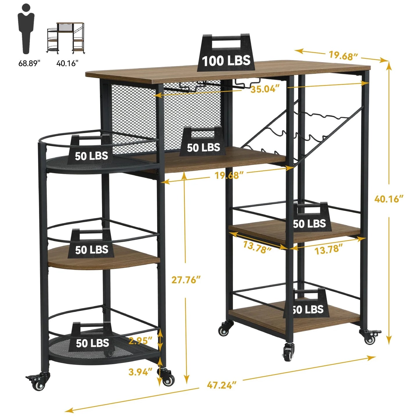 Bar Cart, Home Bar Service Cart with Wine Rack and Glass Holder, Kitchen Cart with Rolling Wheels, Metal Bar Rack with 7 Tiers Storage for Home, Kitchen, Living Room, Dining Room (Brown)