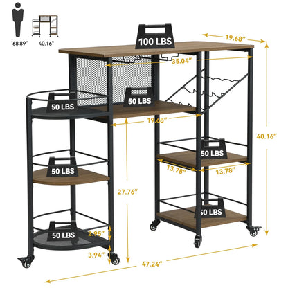Bar Cart, Home Bar Service Cart with Wine Rack and Glass Holder, Kitchen Cart with Rolling Wheels, Metal Bar Rack with 7 Tiers Storage for Home, Kitchen, Living Room, Dining Room (Brown)