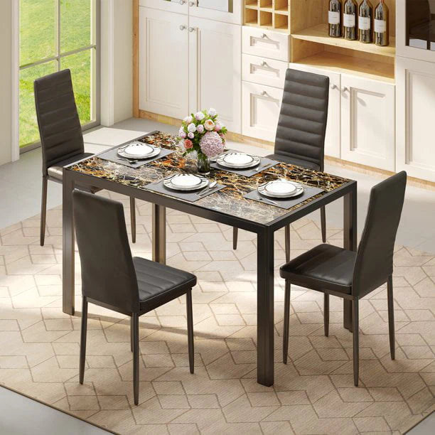 Lofka Glass Dining Table Set for 4, Dining Room Sets with 4 Back Support Chairs for Dinner, Black