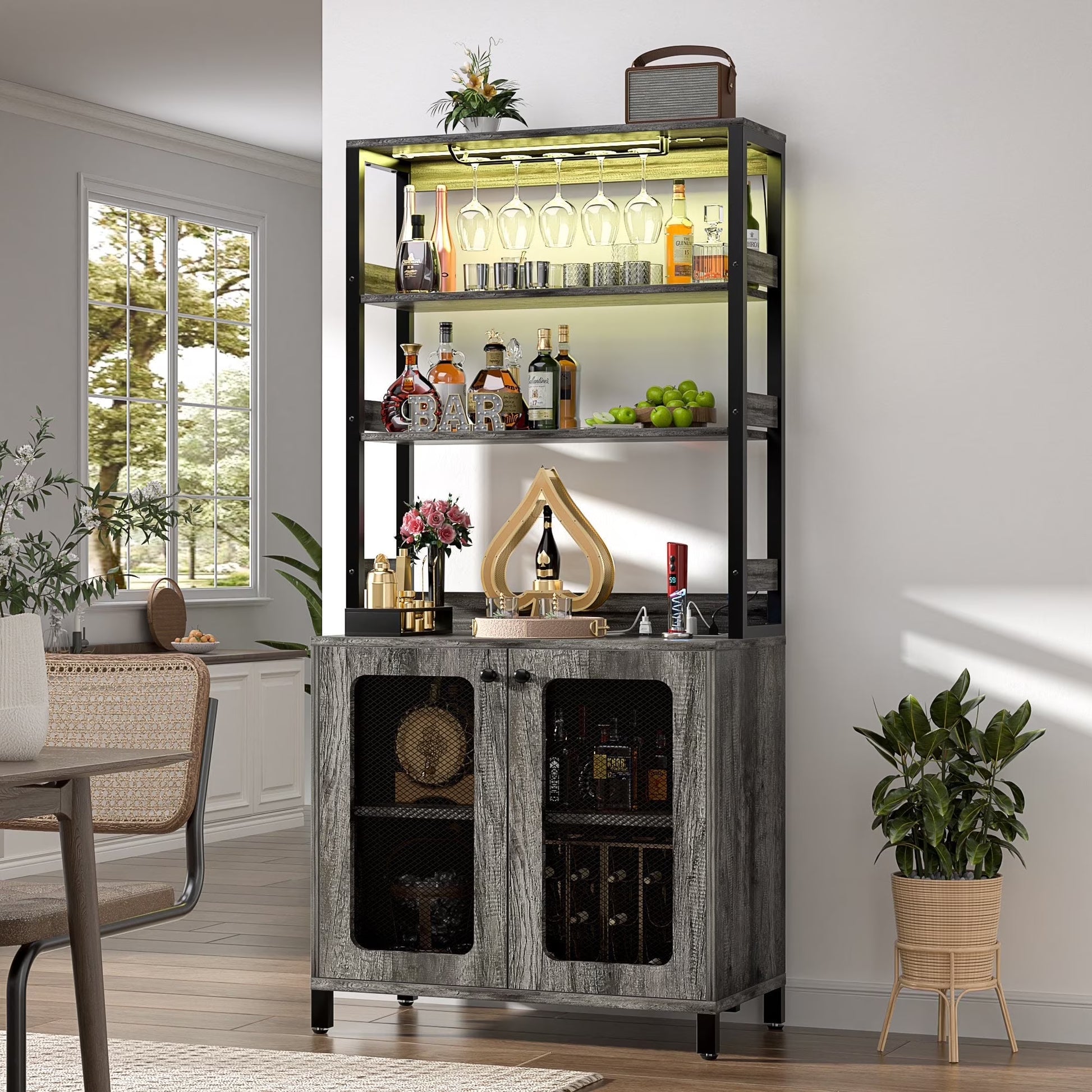 Homieasy Bar Cabinet with Power Outlets, 67" Tall Wine Cabinet Liquor Cabinet with LED Lights and Glass Holder, Coffee Bar Station for Kitchen, Dining Room, Living Room, Black