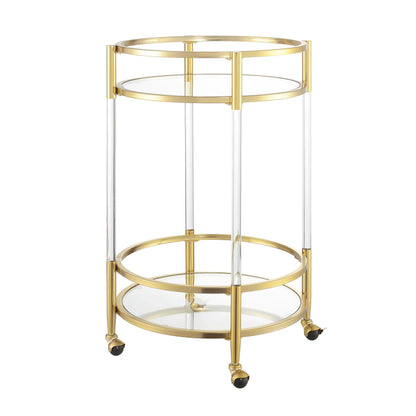 Royal Crest Two-Tier Acrylic Round Bar Cart in Clear Glass with Gold Metal Frame