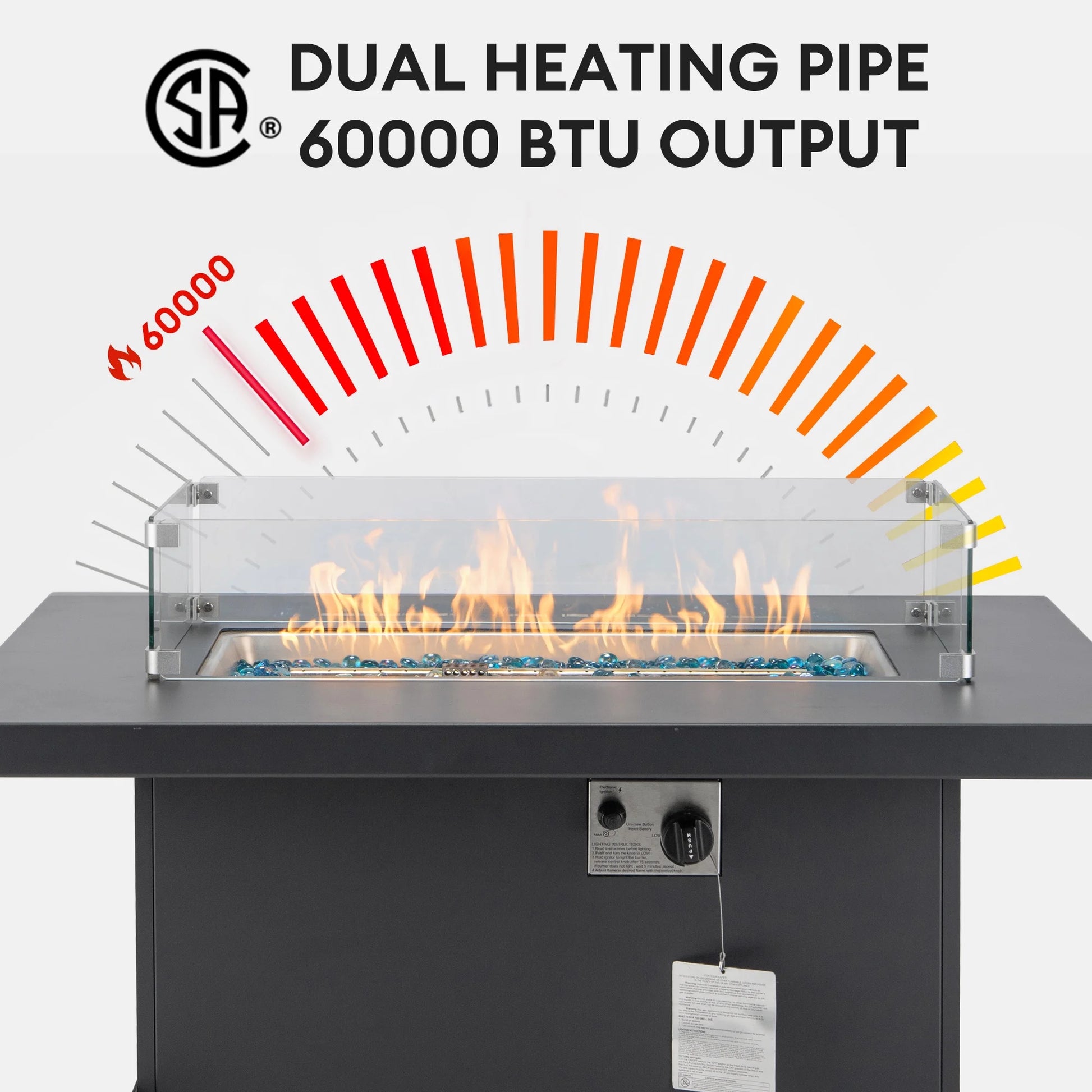 RADIATA 43" Aluminum Propane Fire Pit Table, 60,000 BTU Outdoor Gas Firepit, Rectangle CSA-Certified Patio Fireplace with Wind Guard & Glass Rocks, Rust-Proof Dark Gray Fire Table for Deck Poolside