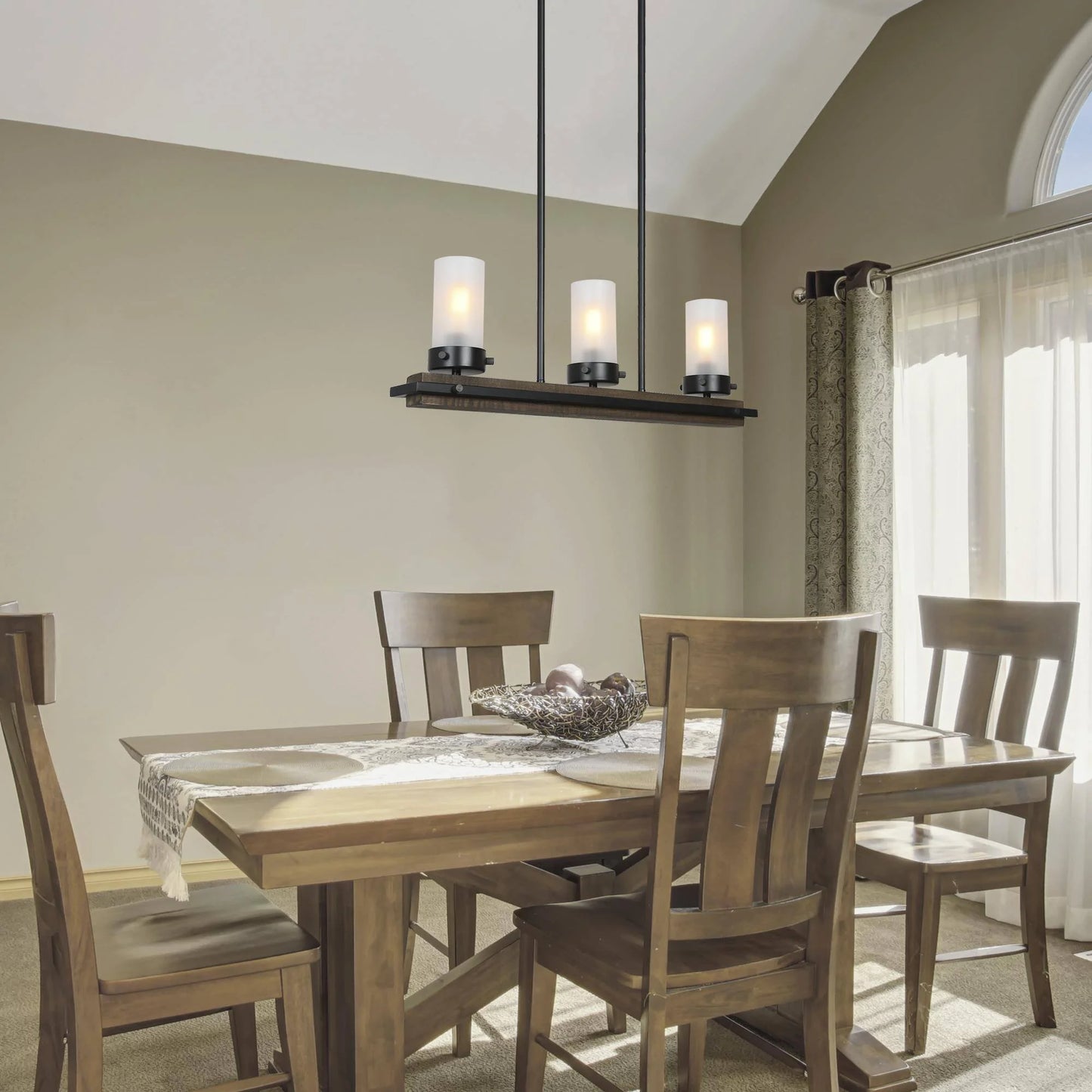LNC Farmhouse Wood & Black 3-Light Linear Chandelier with Frosted Glass, Adjustable