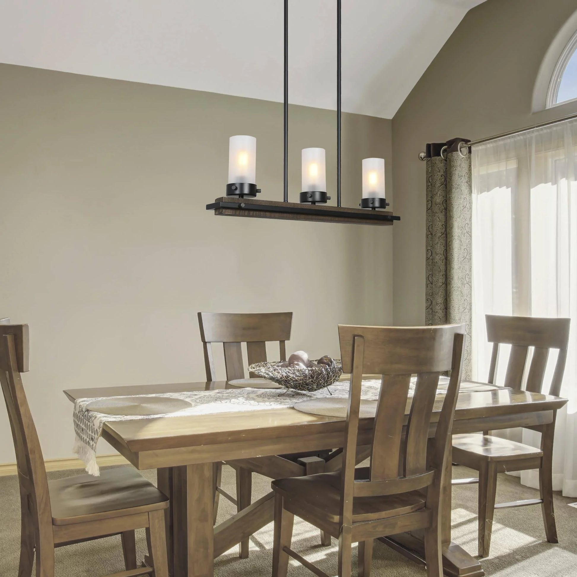 LNC Farmhouse Wood & Black 3-Light Linear Chandelier with Frosted Glass, Adjustable
