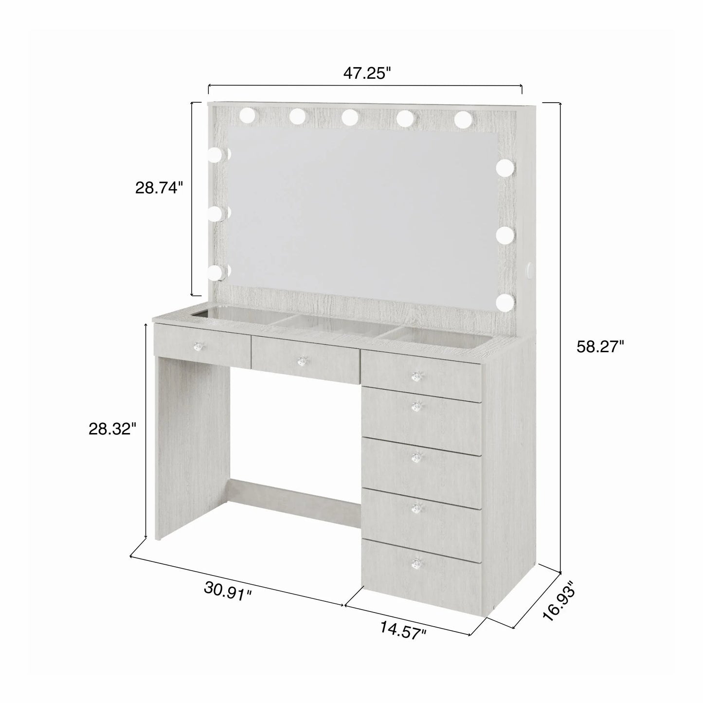 Ember Interiors Modern Large Greige Makeup Vanity Desk with Built-in Lights, Power Outlet with USB Type-C, Glass Top, 7 Drawers and Crystal Knobs