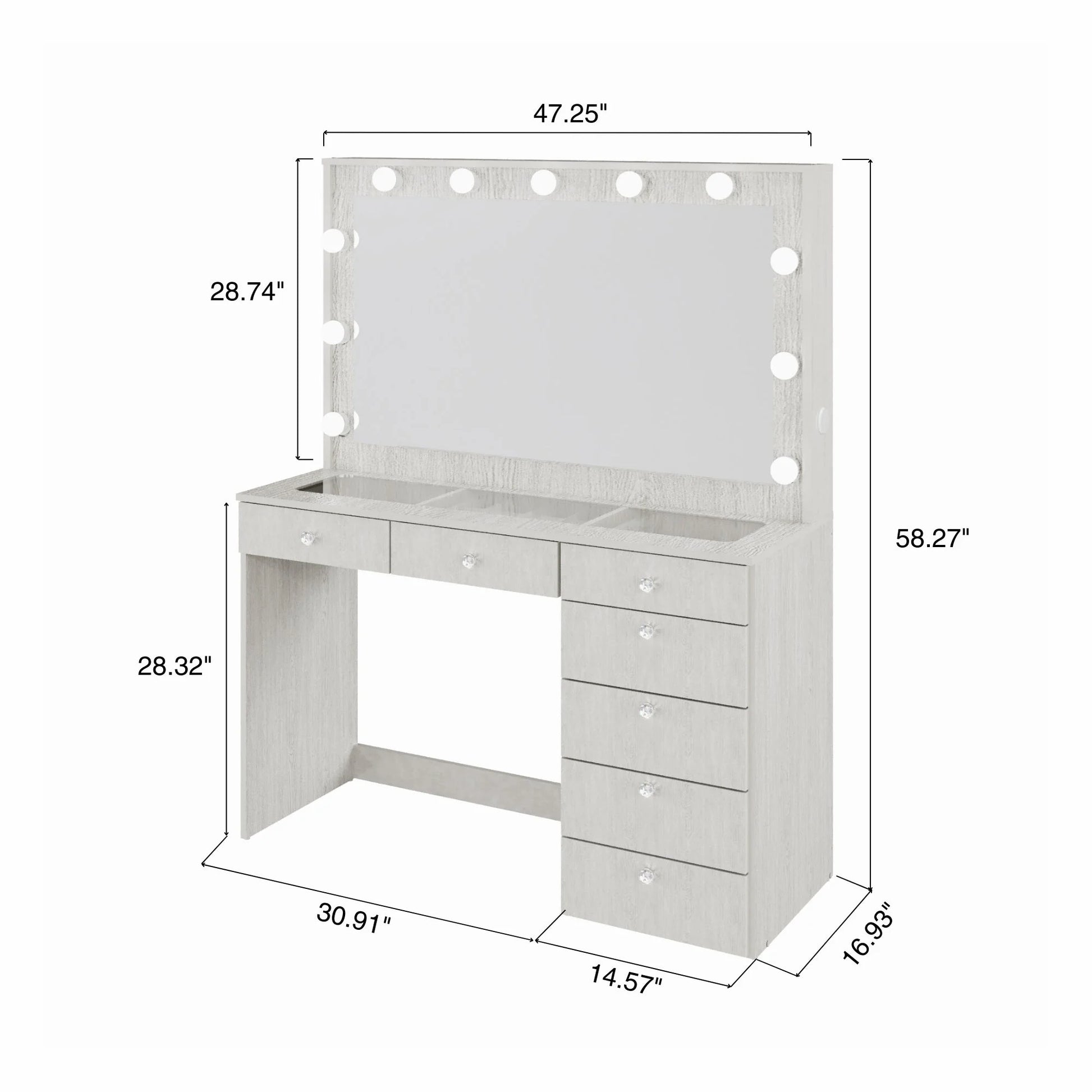 Ember Interiors Modern Large Greige Makeup Vanity Desk with Built-in Lights, Power Outlet with USB Type-C, Glass Top, 7 Drawers and Crystal Knobs