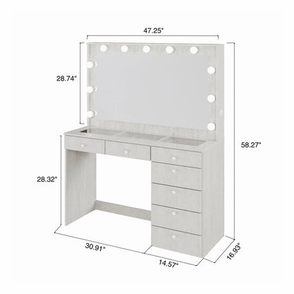 Ember Interiors Modern Large Greige Makeup Vanity Desk with Built-in Lights, Power Outlet with USB Type-C, Glass Top, 7 Drawers and Crystal Knobs