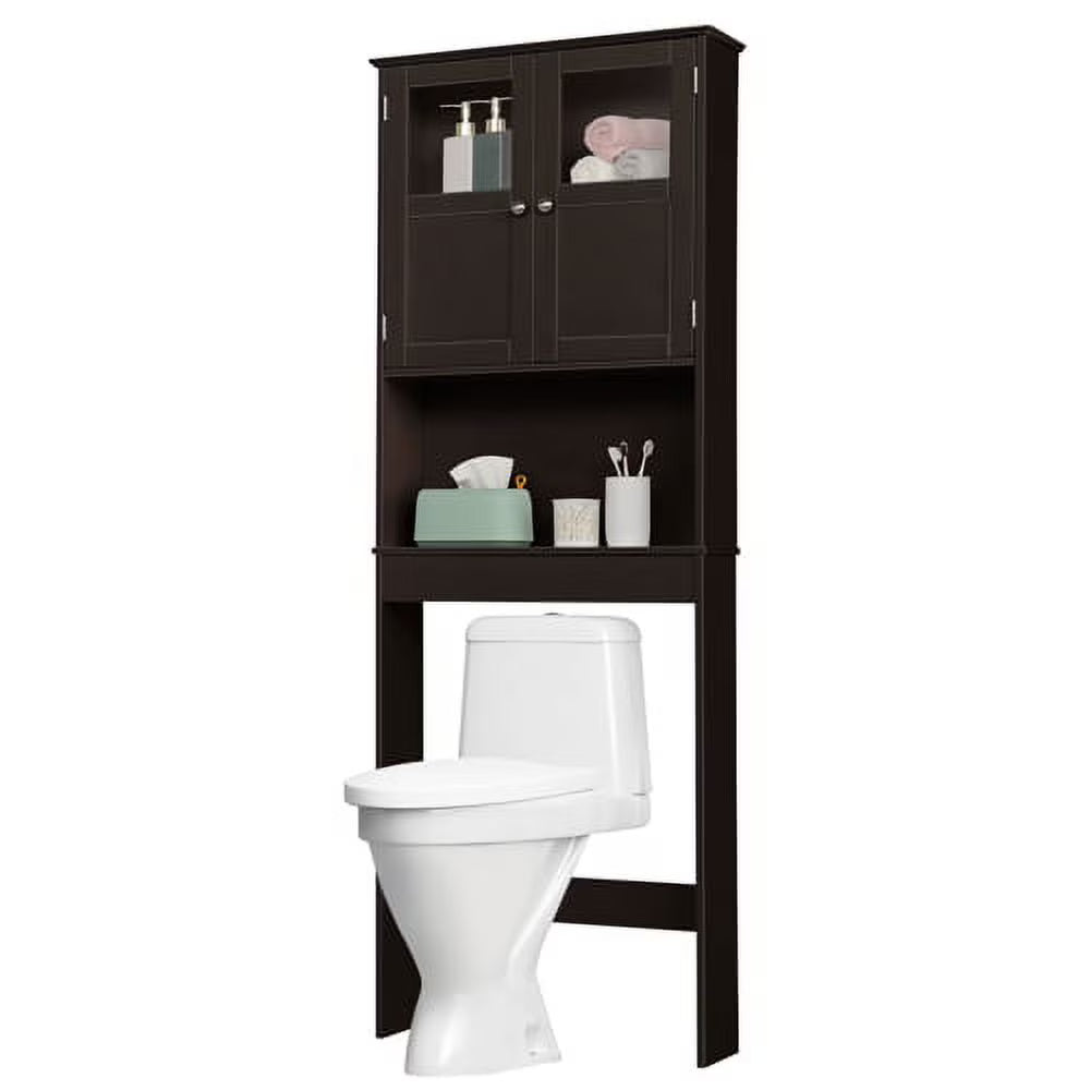 VINGLI Brown Over The Toilet Storage Cabinet, Adjustable Shelf, Double Acrylic Glass Doors