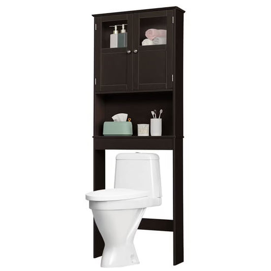 VINGLI Brown Over The Toilet Storage Cabinet, Adjustable Shelf, Double Acrylic Glass Doors