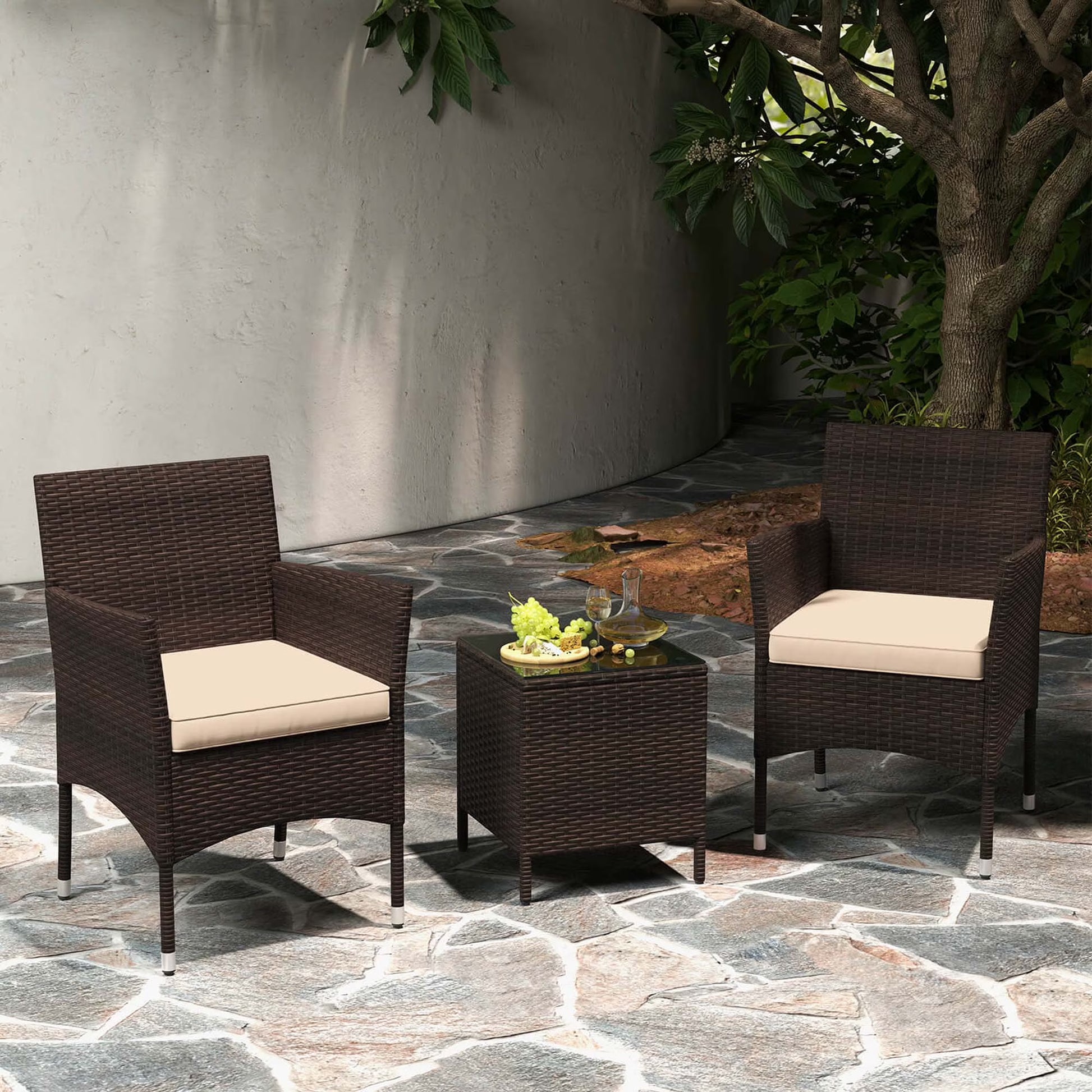 Costway 3 PCS Outdoor Conversation Set with Cushioned Seat & Tempered Glass Tabletop Beige
