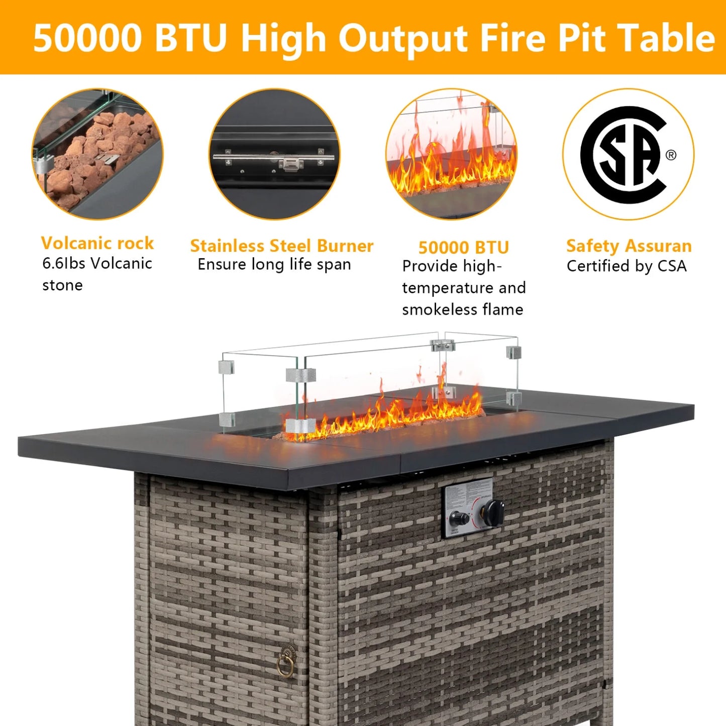 43 in Propane Fire Pit Table, 50,000 BTU Auto-Ignition Fire Pit Table, Gas Fire Pits for Outside with Glass Stone and Waterproof Cover, Grey Rattan, CSA Certification for Garden/Patio/Backyard