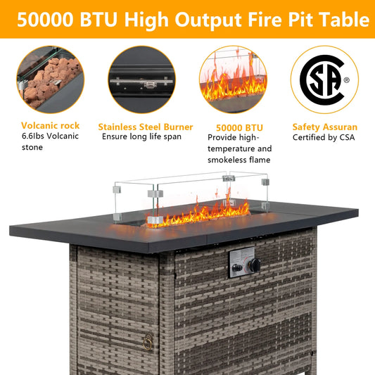 43 in Propane Fire Pit Table, 50,000 BTU Auto-Ignition Fire Pit Table, Gas Fire Pits for Outside with Glass Stone and Waterproof Cover, Grey Rattan, CSA Certification for Garden/Patio/Backyard