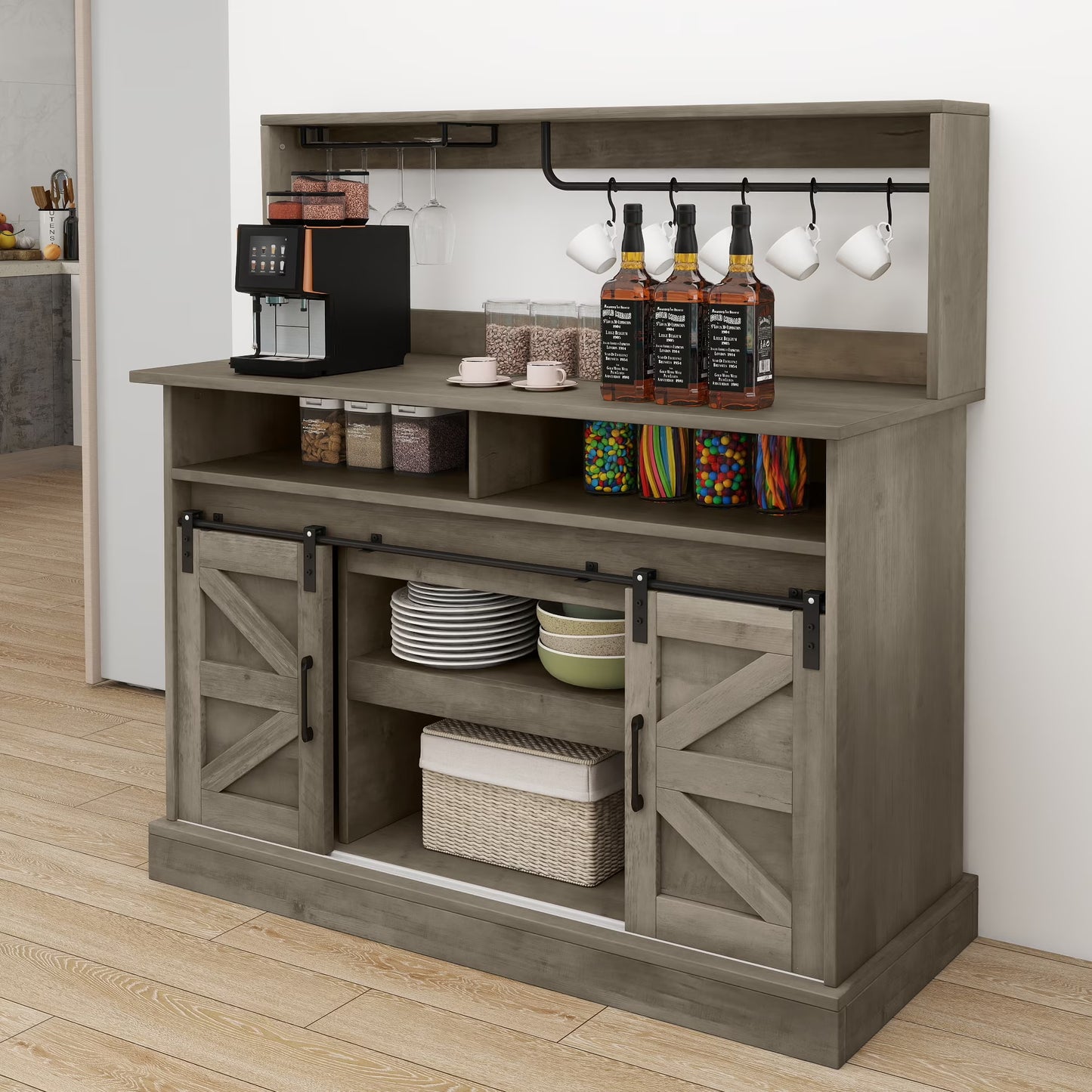 Uforic 52" Farmhouse Coffee Bar Cabinet, Barn Door, Wine Glass Rack, USB Ports & Hooks, Washed Gray
