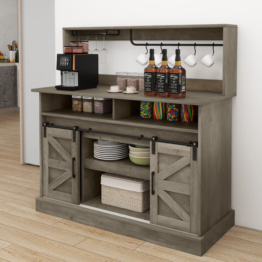 Uforic 52" Farmhouse Coffee Bar Cabinet, Barn Door, Wine Glass Rack, USB Ports & Hooks, Washed Gray