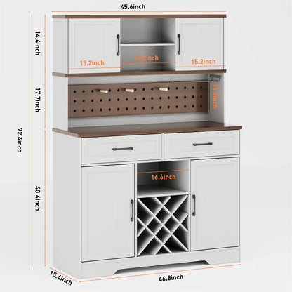 LAFGUR 72" Kitchen Storage Cabinet with Power Outlet & LED Light, Coffee Bar Cabinet with Drawers & Wine Glass Rack,Sideboard for Home,White